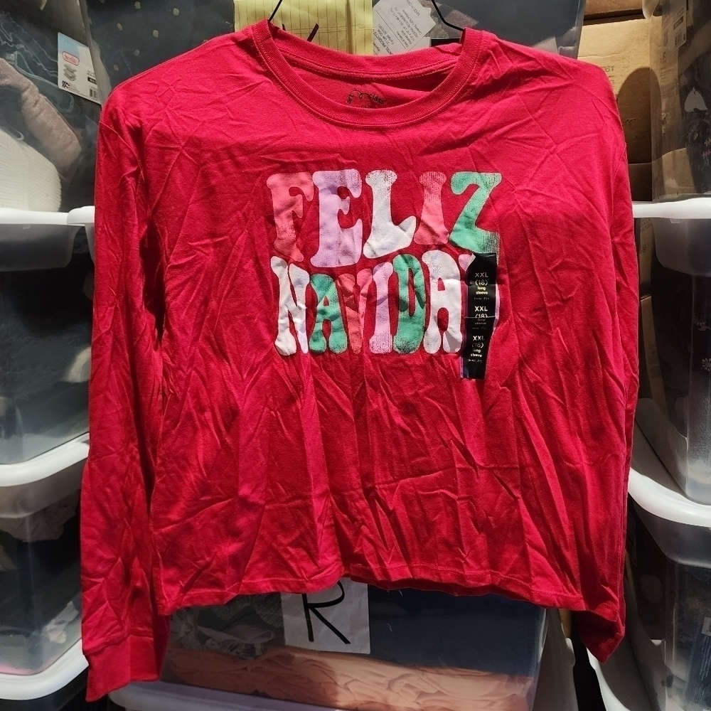 NWT Feliz Navidad Red Long Sleeve Graphic Tee Girl's XXL (18) Christmas Holiday
